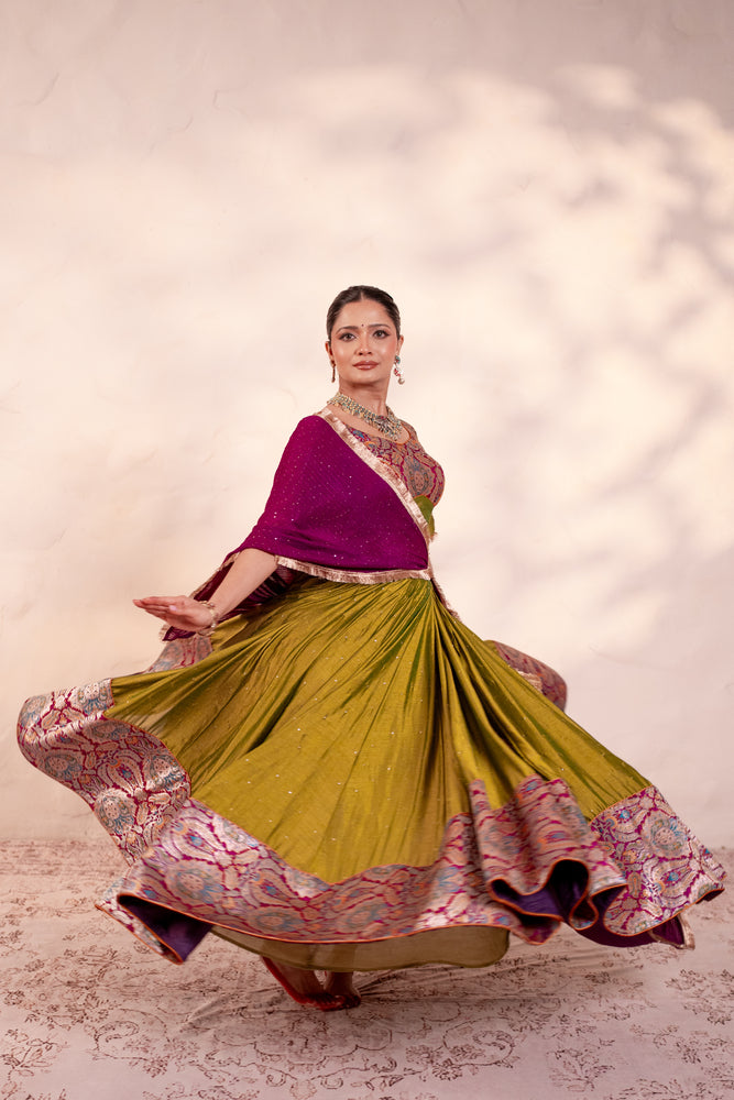 Uma Mehendi Green Khinkhwab Contrast Lehenga Set