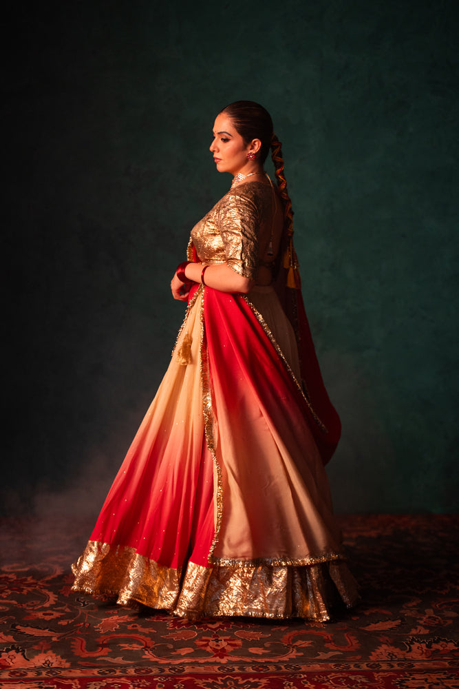 Akira Peach & Carrot Pink Gradient Lehenga Set