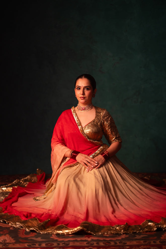 Akira Peach & Carrot Pink Gradient Lehenga Set