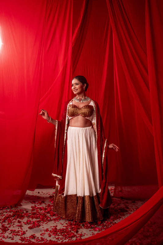 Devi Ivory & Deep Red Copper Tissue Contrast Lehenga Set
