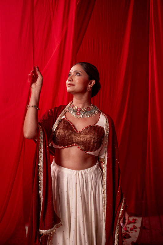 Devi Ivory & Deep Red Copper Tissue Contrast Lehenga Set