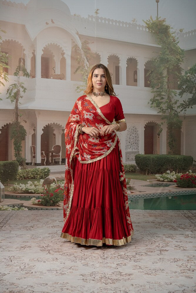 Red Tiered Lehenga Set with Nandi & Krishna Motif Dupatta