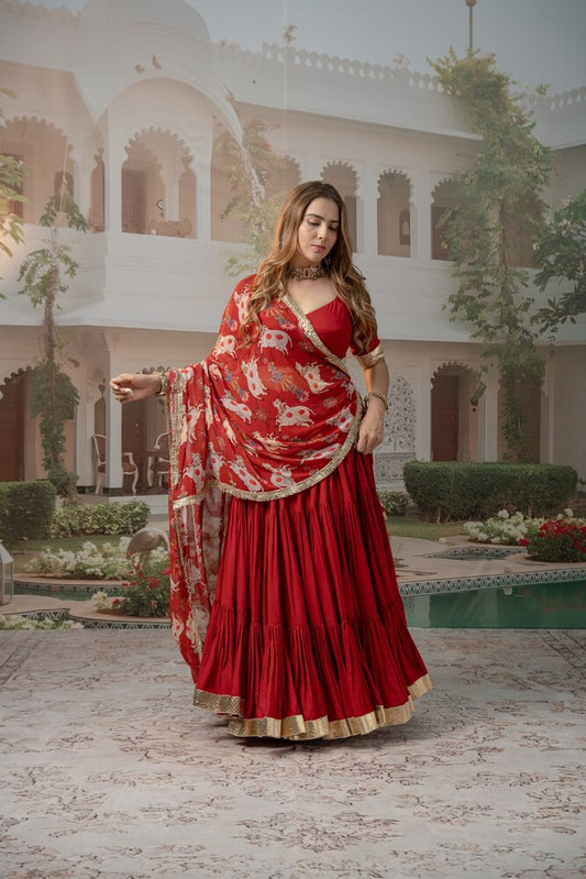 Red Tiered Lehenga Set with Nandi & Krishna Motif Dupatta