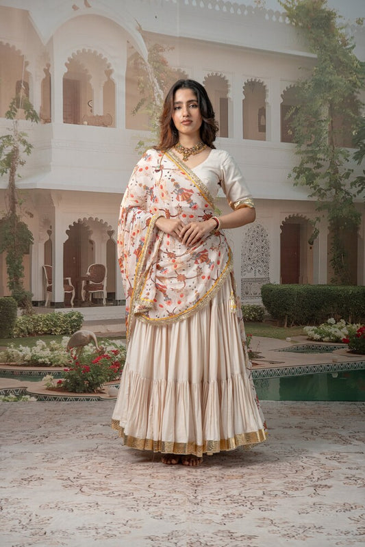 Ivory Tiered Lehenga Set with Floral Motif Dupatta