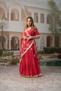 Carrot Red tiered Lehenga Set with Nandi & Krishna Motif Dupatta