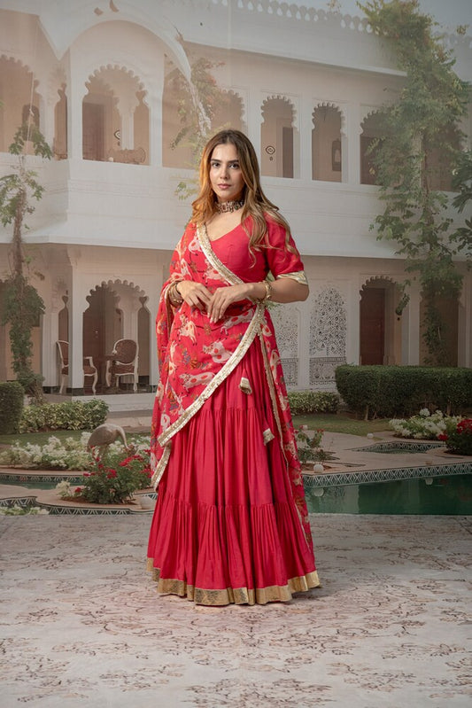 Carrot Red tiered Lehenga Set with Nandi & Krishna Motif Dupatta