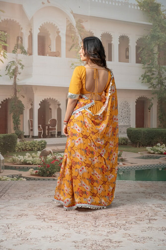 Turmeric Yellow Tiered Lehenga Set with Floral Motif Dupatta