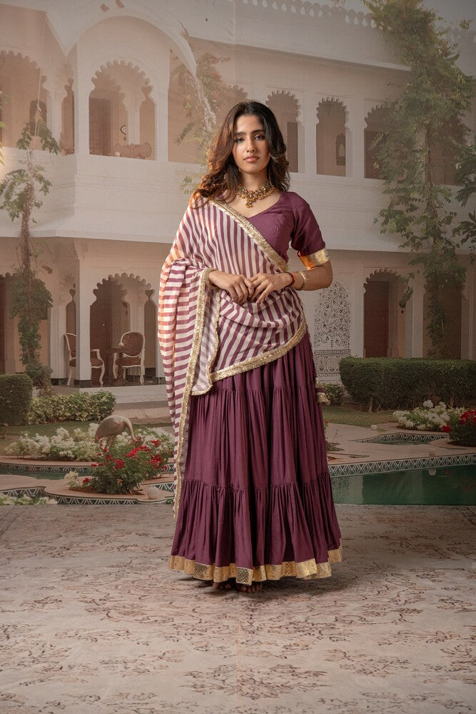 Lilac Tiered Lehenga Set with Striped Motif Dupatta