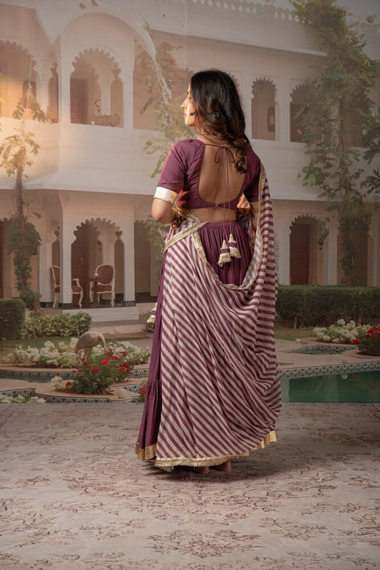 Lilac Tiered Lehenga Set with Striped Motif Dupatta