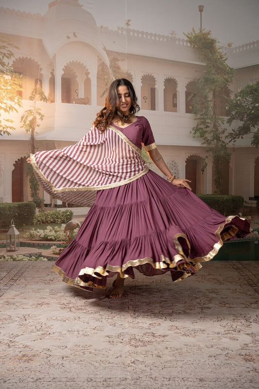 Lilac Tiered Lehenga Set with Striped Motif Dupatta