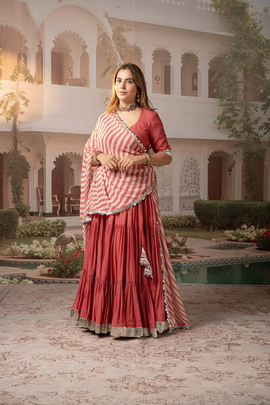 Coral Pink Tiered Lehenga Set with Striped Motif Dupatta