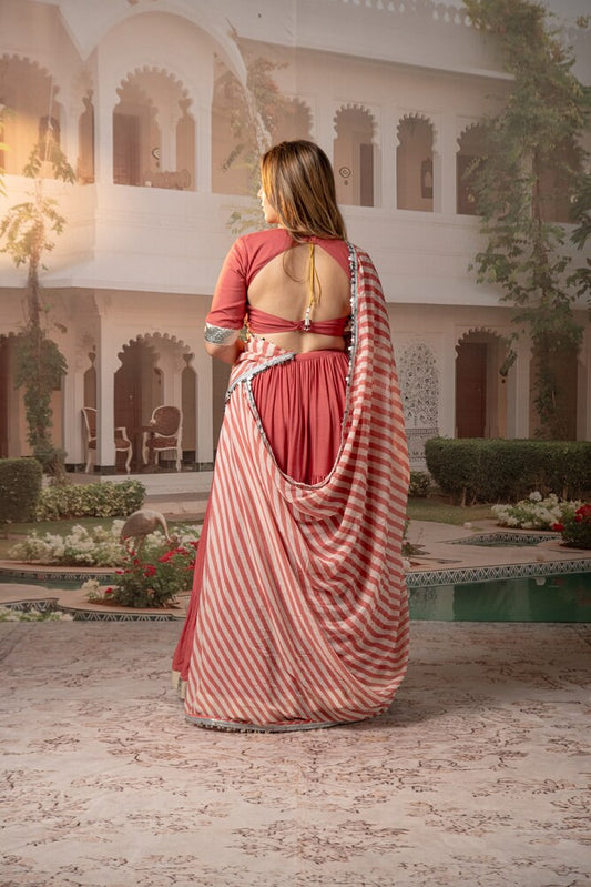 Coral Pink Tiered Lehenga Set with Striped Motif Dupatta