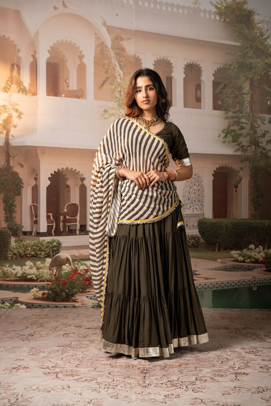 Moss Green Tiered Lehenga Set with Striped Motif Dupatta