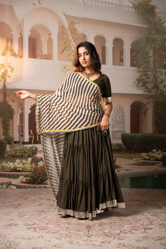 Moss Green Tiered Lehenga Set with Striped Motif Dupatta