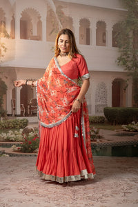 Peach Tiered Lehenga Set with Nandi & Krishna Motif Dupatta
