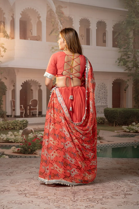 Peach Tiered Lehenga Set with Nandi & Krishna Motif Dupatta