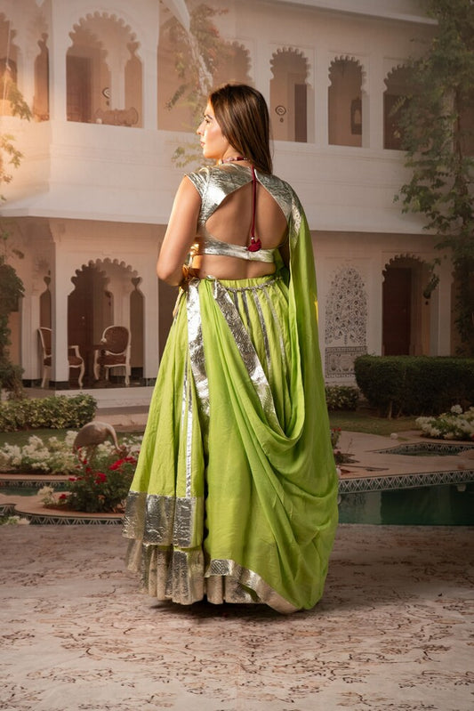 Lime Green Lampa Silver Double Layer Lehenga Set