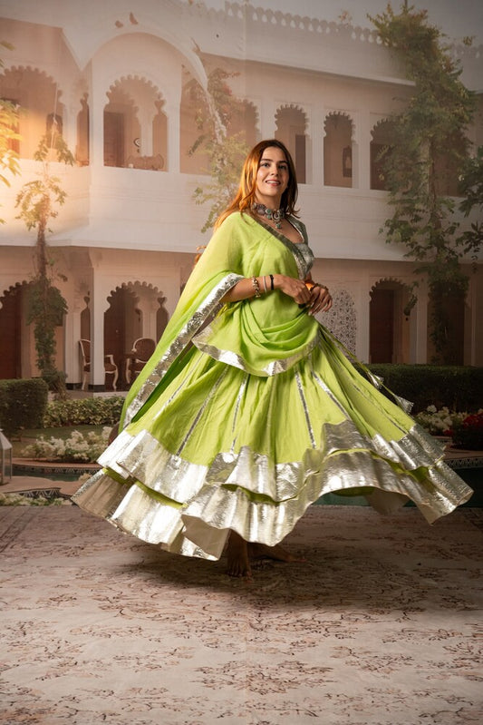 Lime Green Lampa Silver Double Layer Lehenga Set