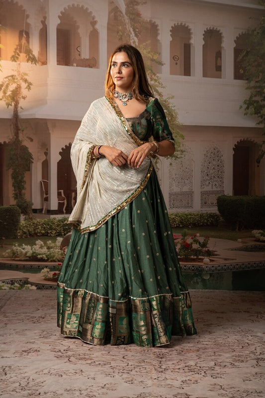 Sneha Moss Green Contrast Border Lehenga Set