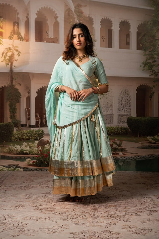 Pastel Blue Lampa Gold Double layer Lehenga Set