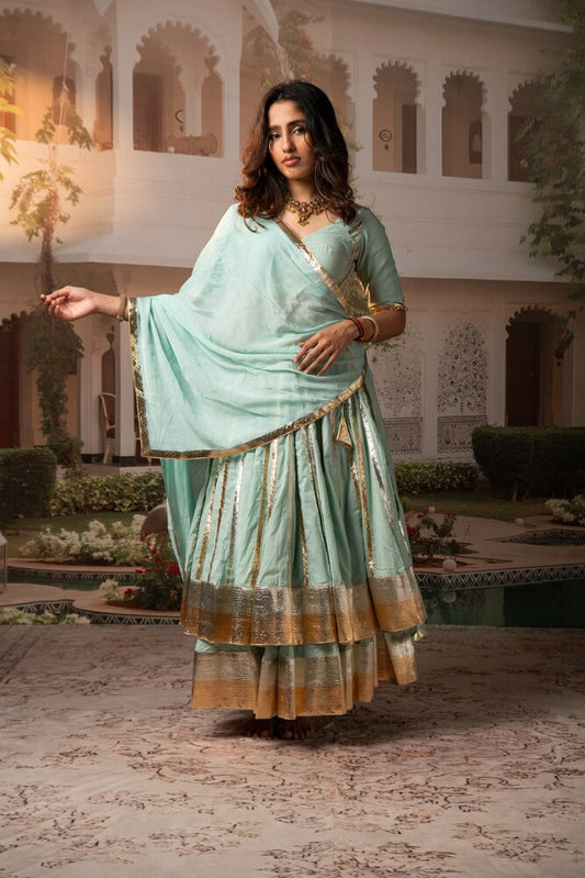 Pastel Blue Lampa Gold Double layer Lehenga Set