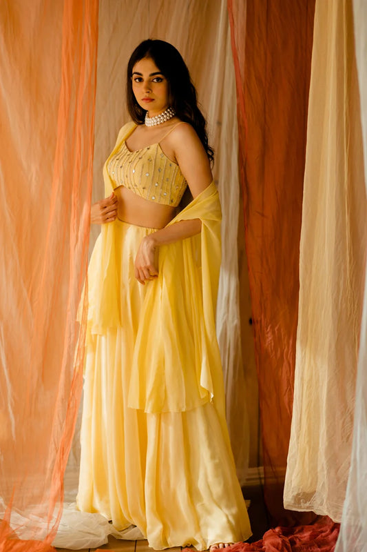 Ramya Yellow Embroidered Cape with wide pants Set