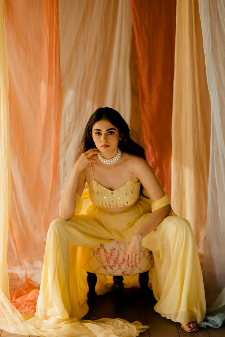 Ramya Yellow Embroidered Cape with wide pants Set
