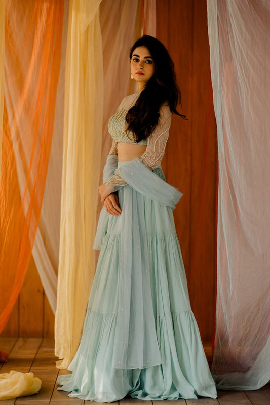 Powder Blue Georgette Tiered Lehenga Set