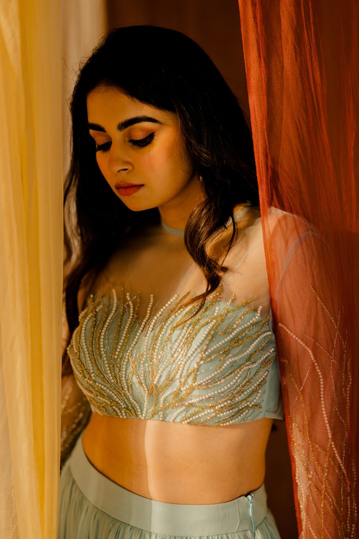 Powder Blue Georgette Tiered Lehenga Set