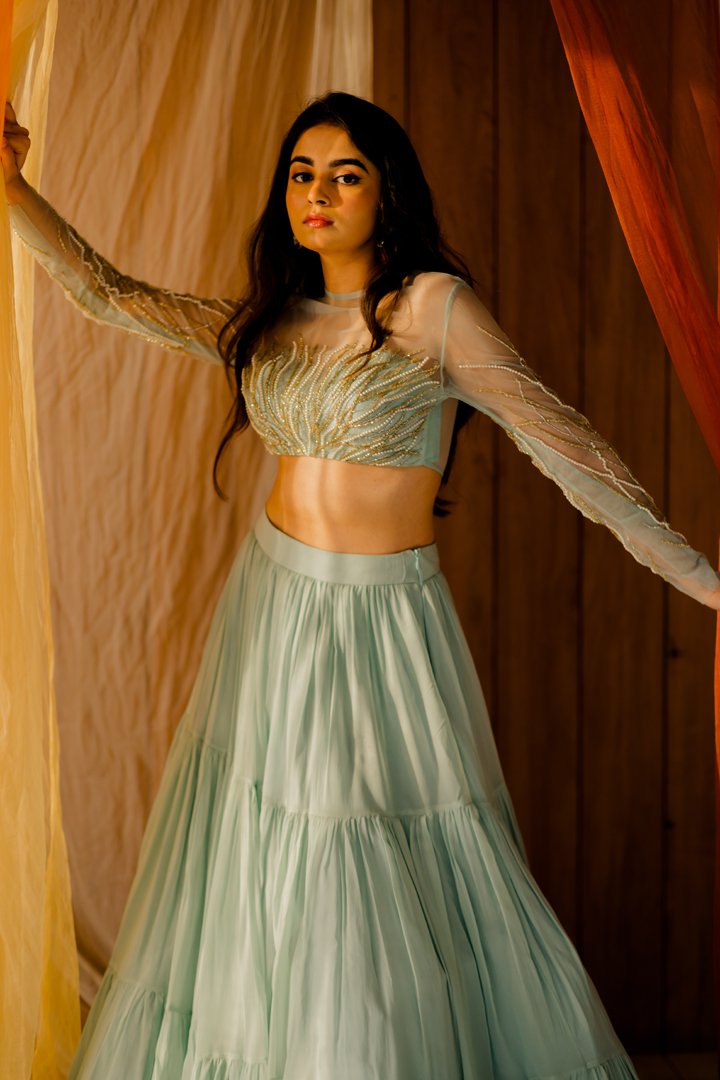 Powder Blue Georgette Tiered Lehenga Set