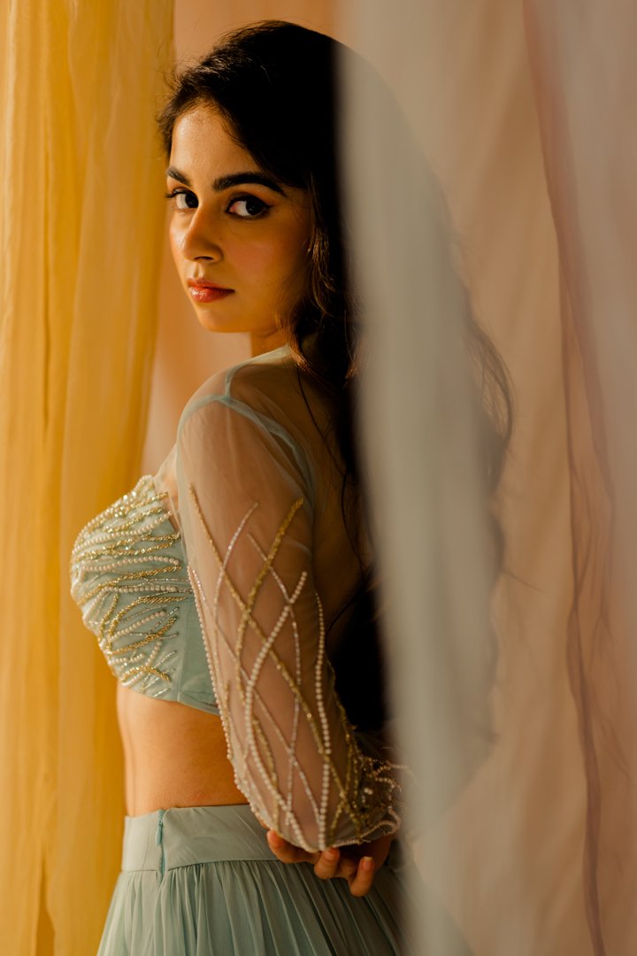 Powder Blue Georgette Tiered Lehenga Set