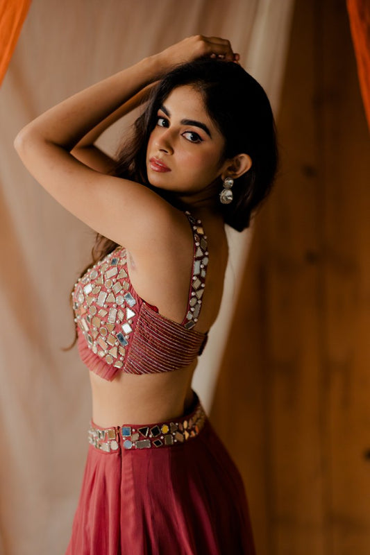 Roza Dusty rose Mirrorwork Lehenga Set