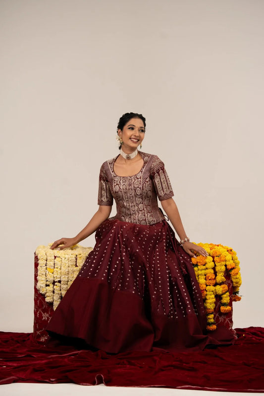 Aarini Maroon Benarasi Long Blouse & Motif Lehenga Set