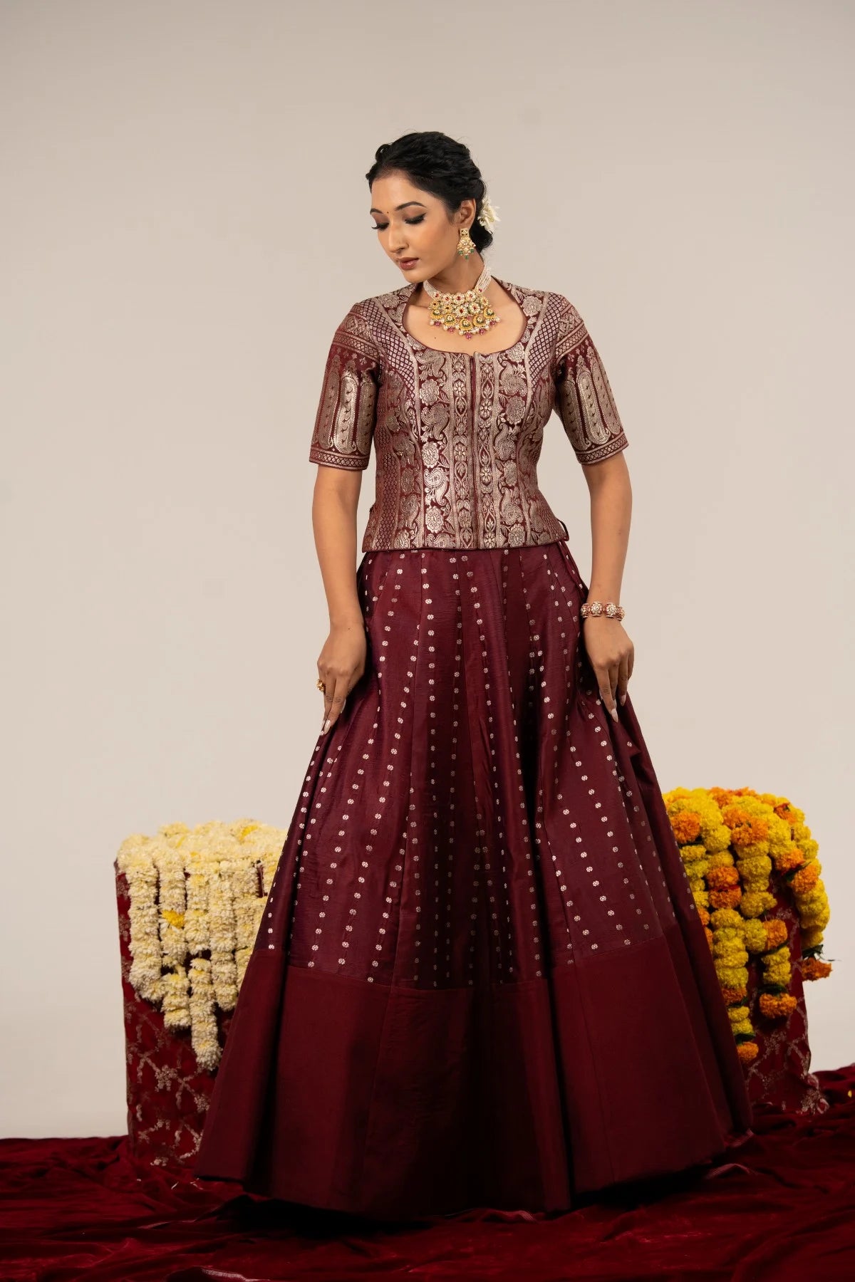 Aarini Maroon Benarasi Long Blouse & Motif Lehenga Set
