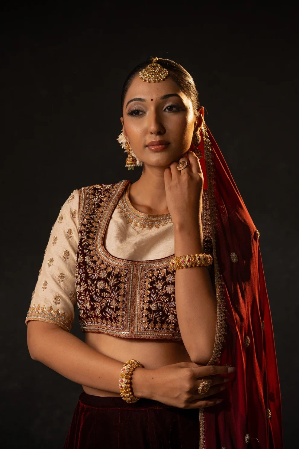 Rivaya Maroon Brocade Raw Silk & Velvet Lehenga with Crepe Dupatta