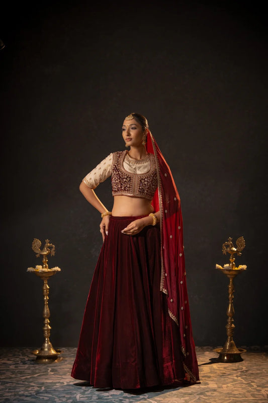 Rivaya Maroon Brocade Raw Silk & Velvet Lehenga with Crepe Dupatta