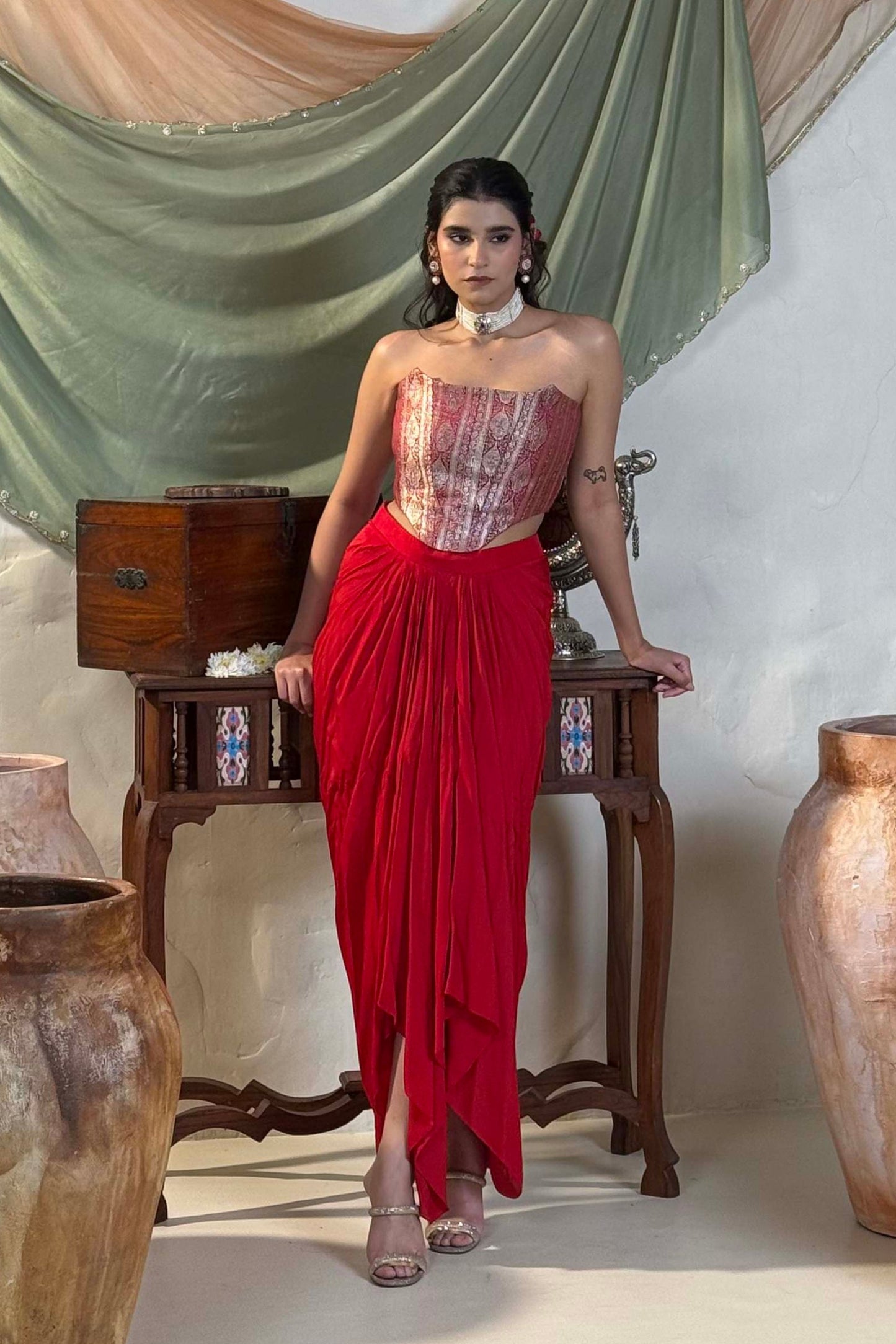 Kaira Maroon Benarasi Corset & Tulip Skirt Set