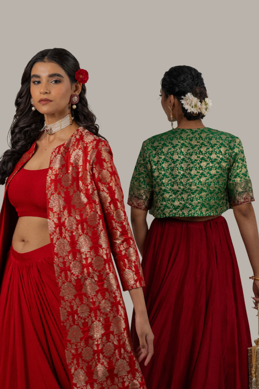Mahira Red Lehenga Set with Emrald Benarasi Short Jacket