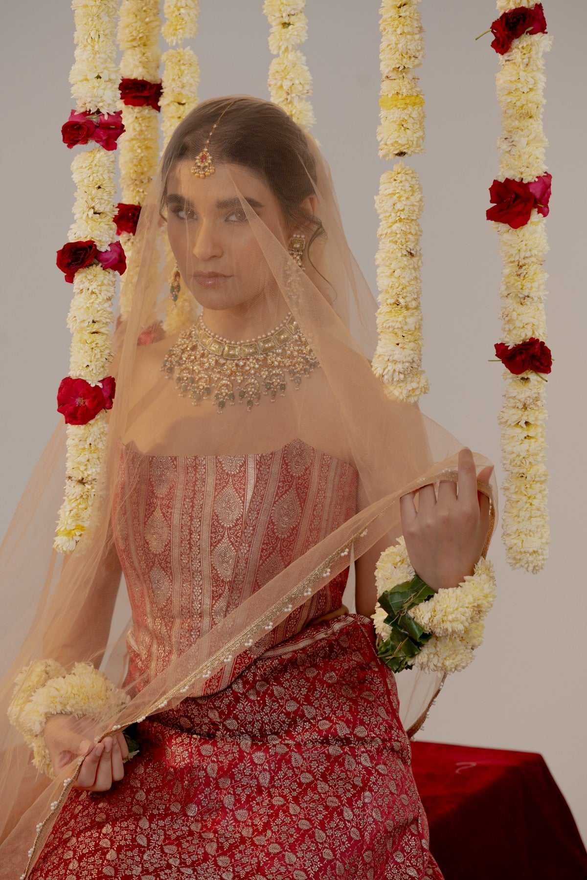 Amaira Maroon Benarasi Silk Corset and Lehenga Set