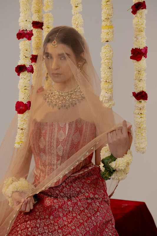 Amaira Maroon Benarasi Silk Corset and Lehenga Set