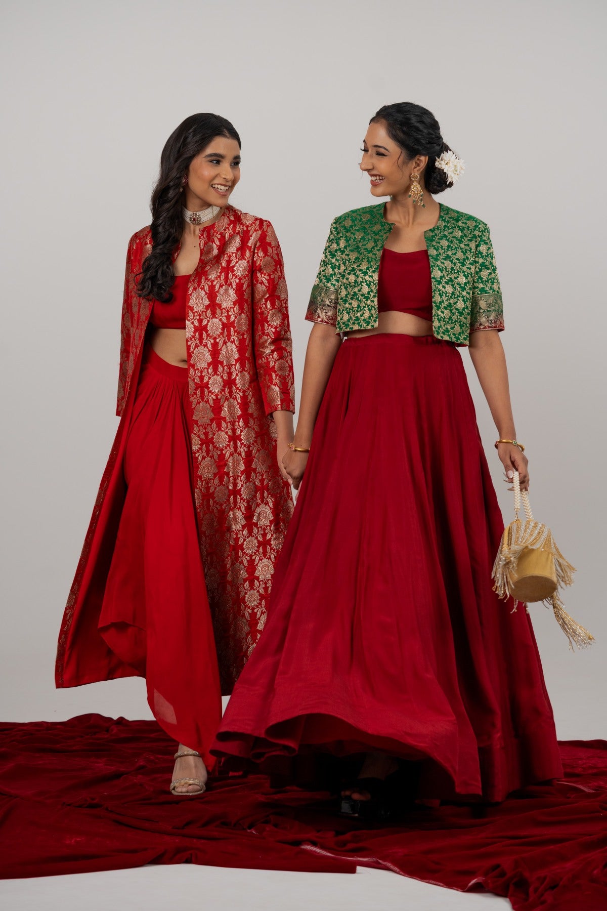 Mahira Red Lehenga Set with Emrald Benarasi Short Jacket