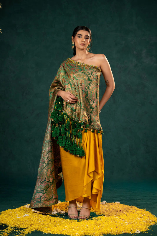 Sarayah Green Brocade Assymetrical Top with draped skirt