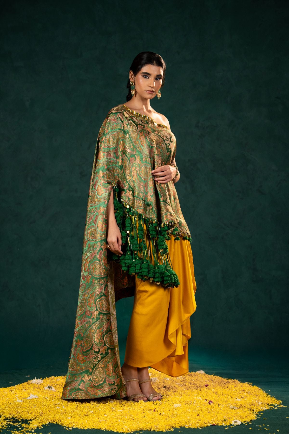 Sarayah Green Brocade Assymetrical Top with draped skirt