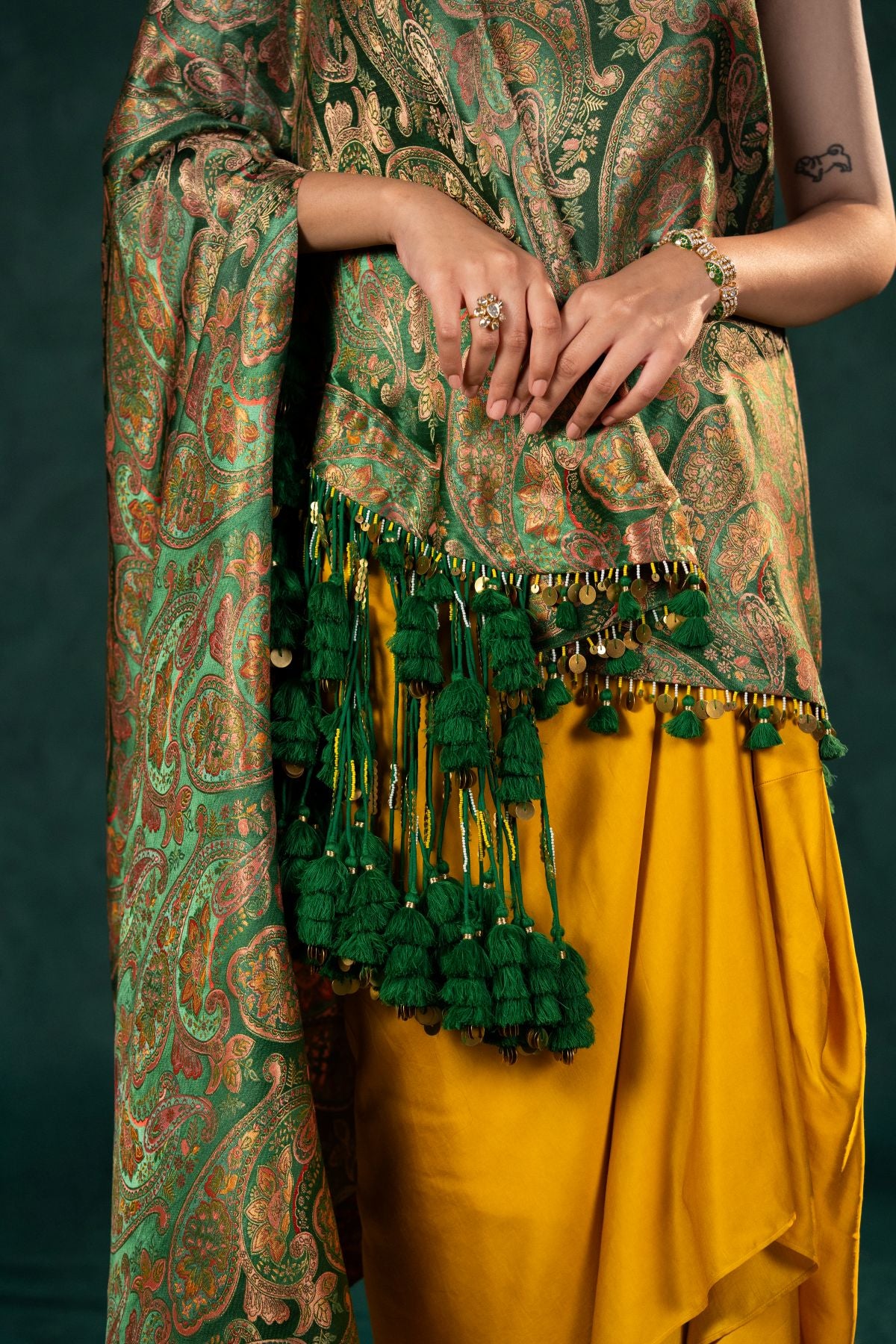 Sarayah Green Brocade Assymetrical Top with draped skirt