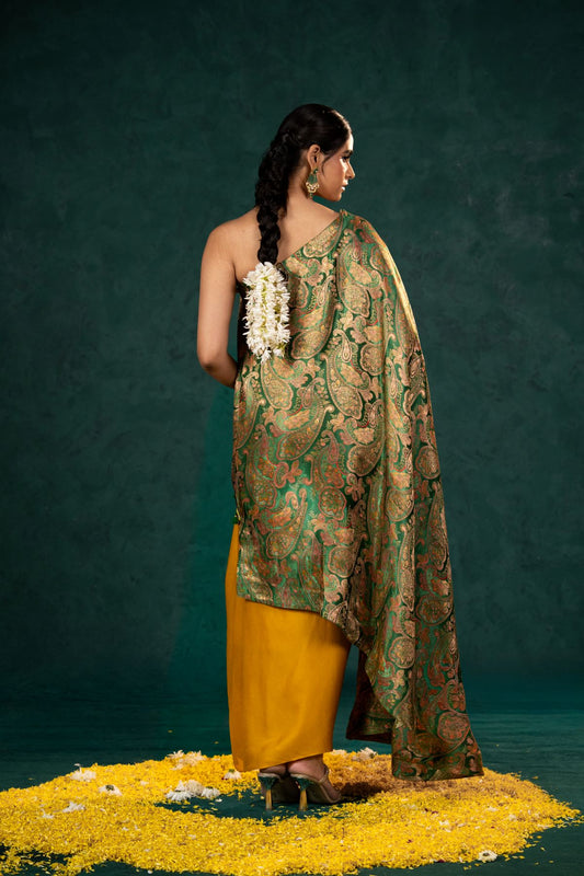 Sarayah Green Brocade Assymetrical Top with draped skirt