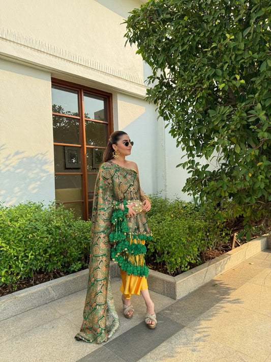 Sarayah Green Brocade Assymetrical Top with draped skirt