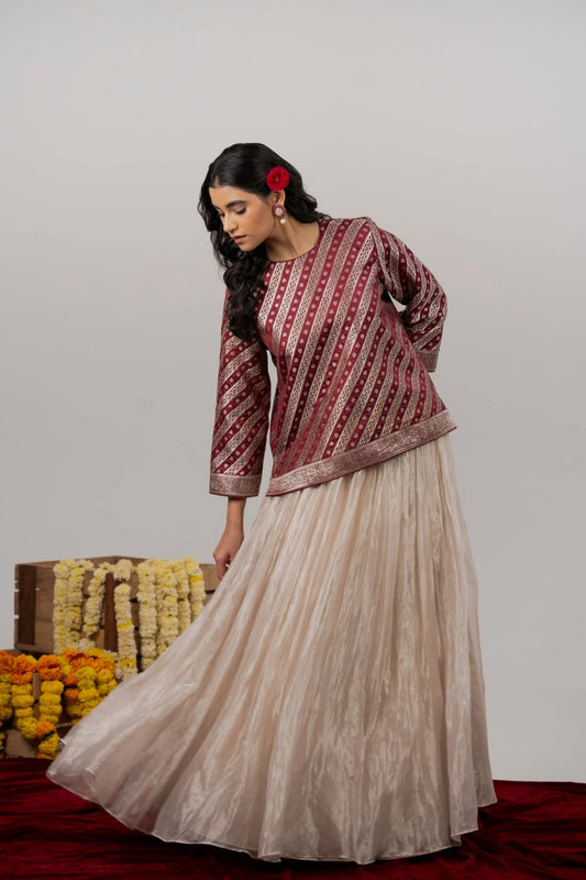 Suhani Beige Tissue Skirt with Benarasi Oversized Top